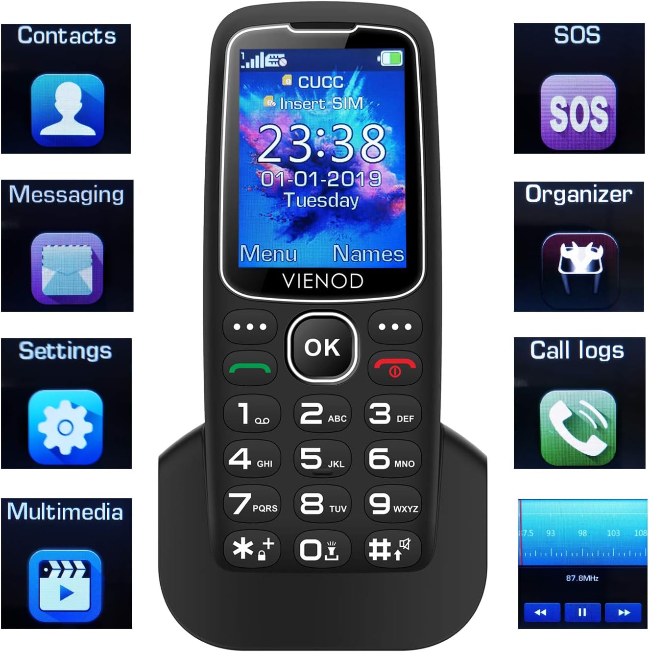 Vienod V206 Entsperrtes GSM-Mobiltelefon mit großen Tasten und SOS-Taste, 2,4-Zoll-Seniorenhandy, Taschenlampe und Ladestation