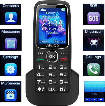 Vienod V206 Entsperrtes GSM-Mobiltelefon mit großen Tasten und SOS-Taste, 2,4-Zoll-Seniorenhandy, Taschenlampe und Ladestation