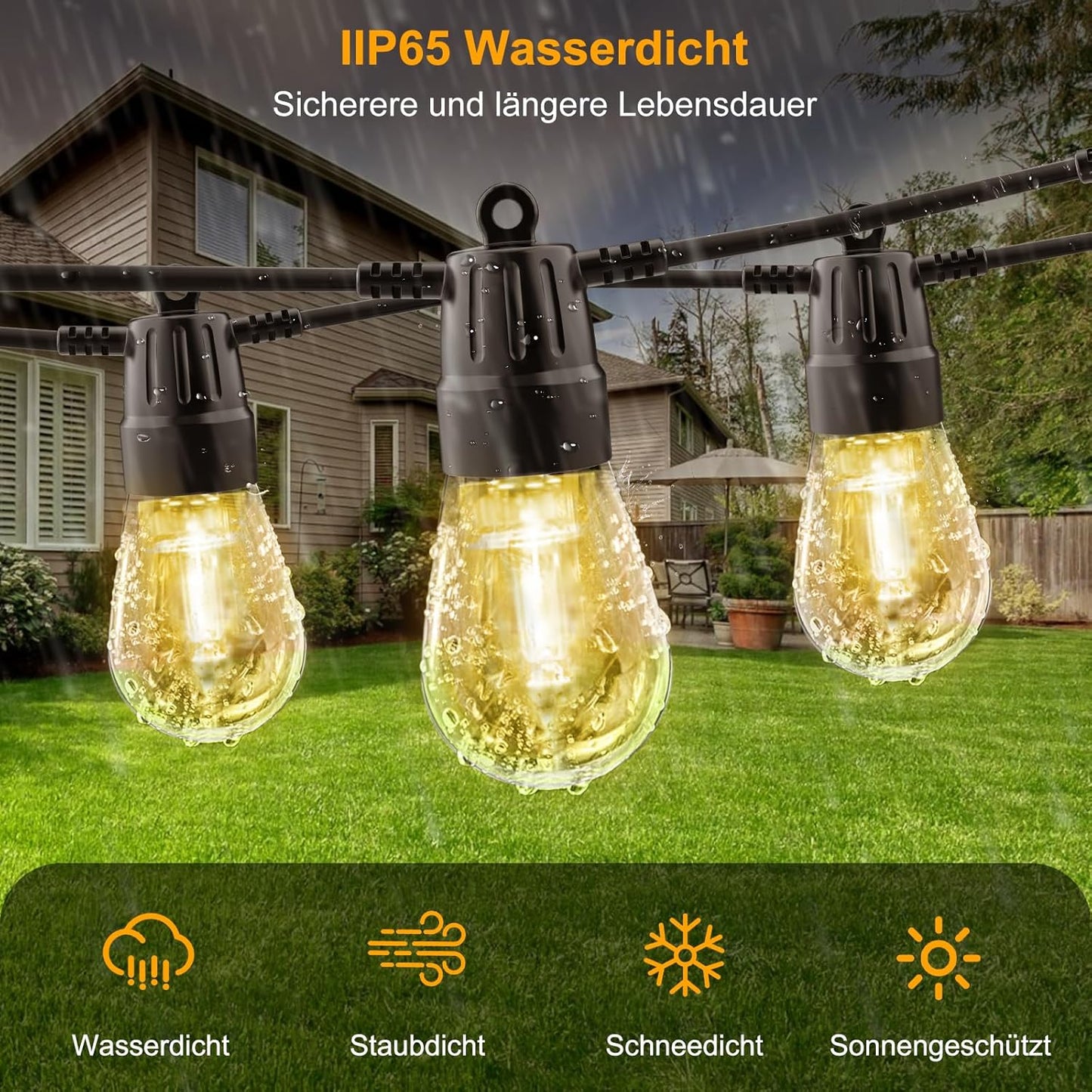 Voneta Solar-Außenlichterkette, 15 m, 20 Glühbirnen wasserdicht mit Fernbedienung und App,