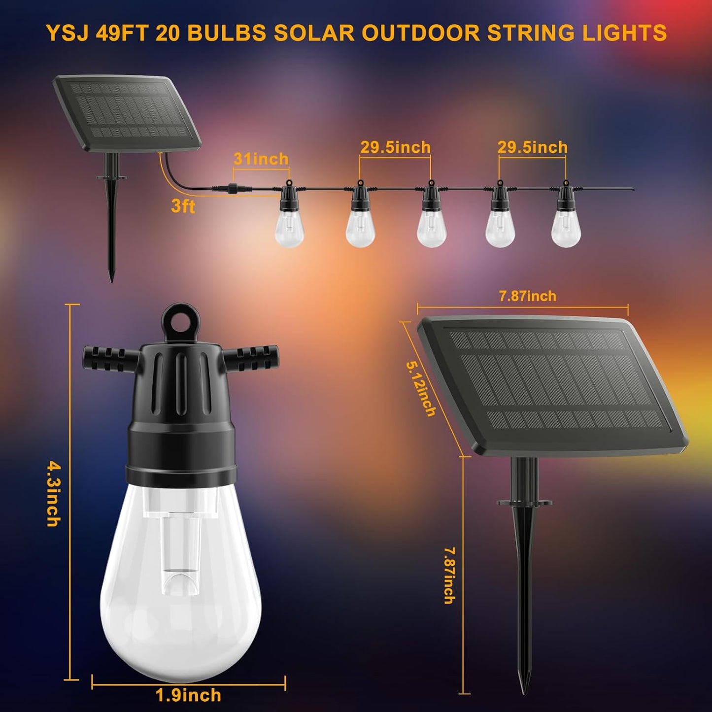 Voneta Solar-Außenlichterkette, 15 m, 20 Glühbirnen wasserdicht mit Fernbedienung und App,
