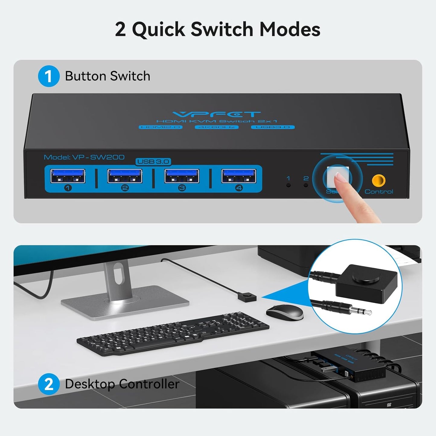 VPFET USB 3.0 HDMI KVM Switch 2 PC 1 Monitore 4K60Hz KVM-Switches