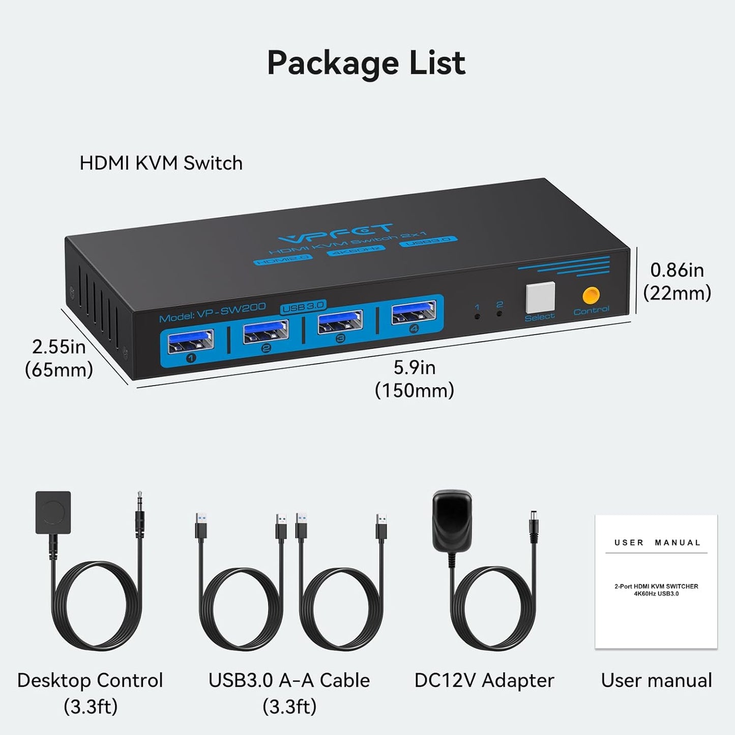 VPFET USB 3.0 HDMI KVM Switch 2 PC 1 Monitore 4K60Hz KVM-Switches
