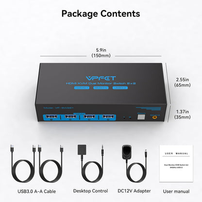 VPFET 8K HDMI KVM Switch 2 Monitore 2 Computer USB 3.0 Dual Monitor