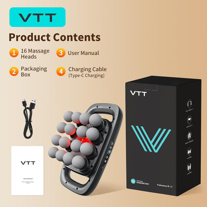 VTT Massagepistole, 16 Massageköpfe, LED-Display, 3 Modi, 30 Geschwindigkeitsstufen, Elektrisches Massagegerät für Muskelentspannung