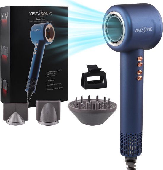 VistaSonic Super-Haartrockner mit Diffusor, 2200 W, Haartrockner für Locken, Ionen-Haartrockner, Tiefblau