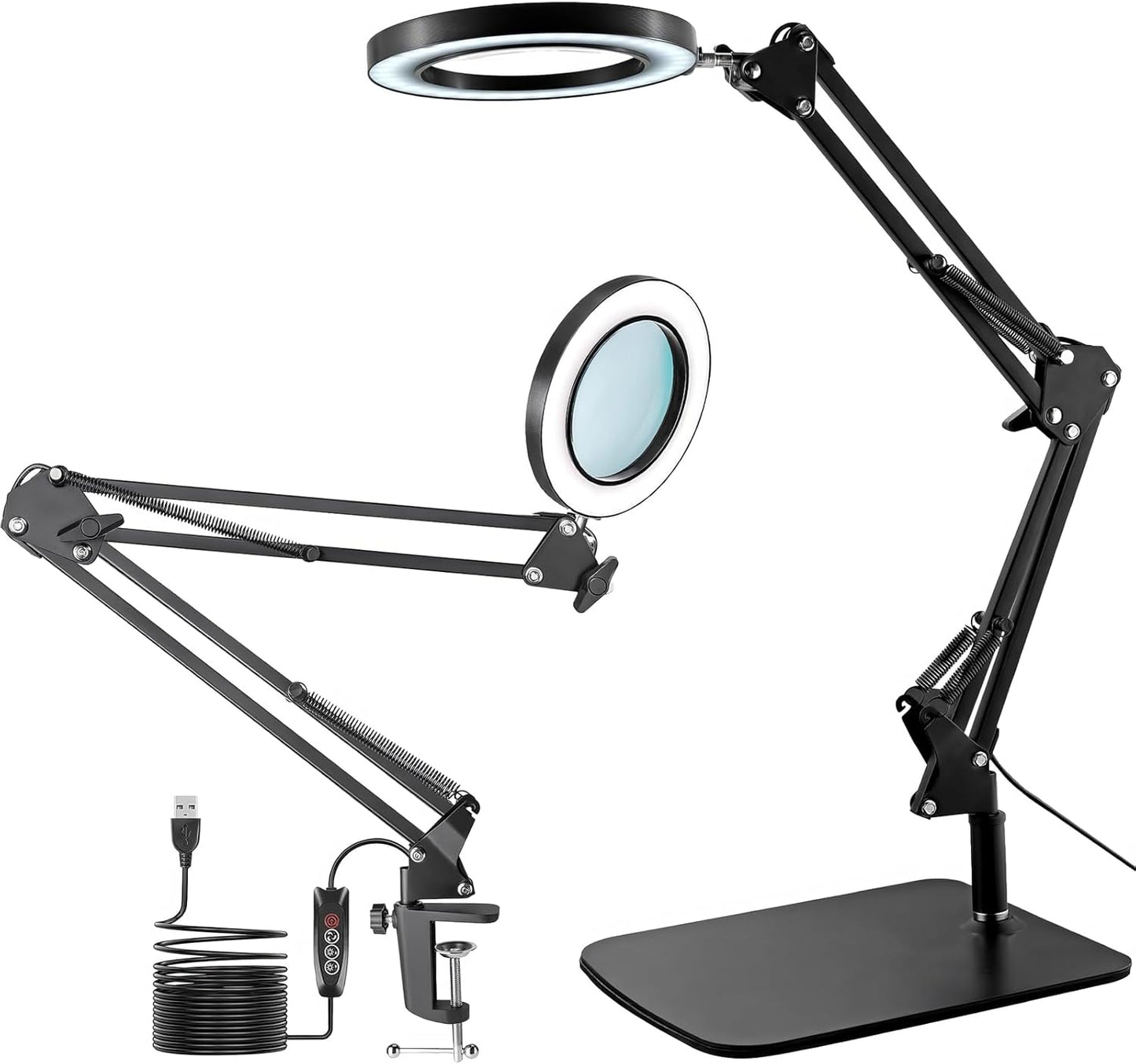 Viiwuu LED-Schreibtischlampe 15-fache Vergrößerungslupe mit Licht, Fuß und Klemme, 3 Farbmodi,