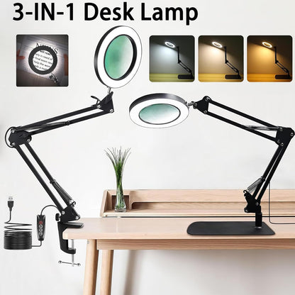 Viiwuu LED-Schreibtischlampe 15-fache Vergrößerungslupe mit Licht, Fuß und Klemme, 3 Farbmodi,