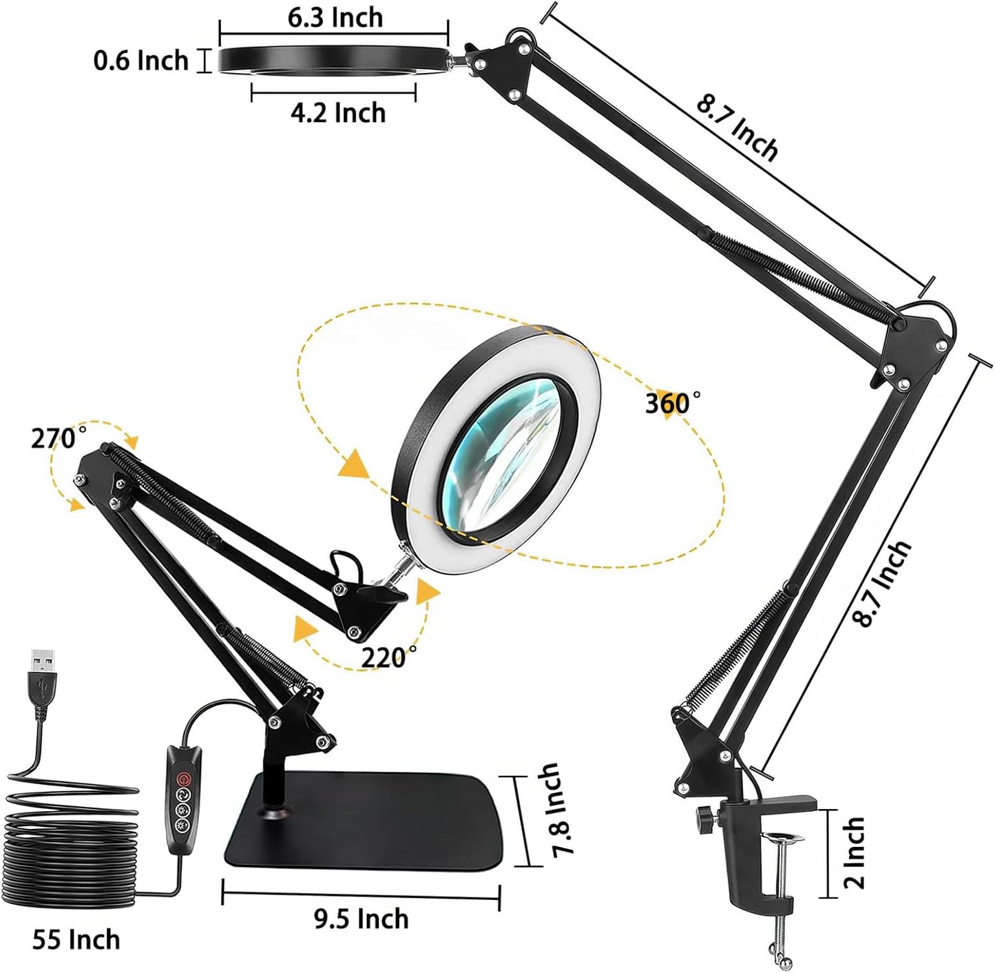 Viiwuu LED-Schreibtischlampe 15-fache Vergrößerungslupe mit Licht, Fuß und Klemme, 3 Farbmodi,