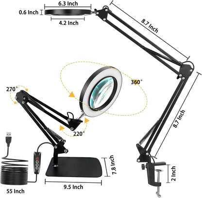 Viiwuu LED-Schreibtischlampe 15-fache Vergrößerungslupe mit Licht, Fuß und Klemme, 3 Farbmodi,