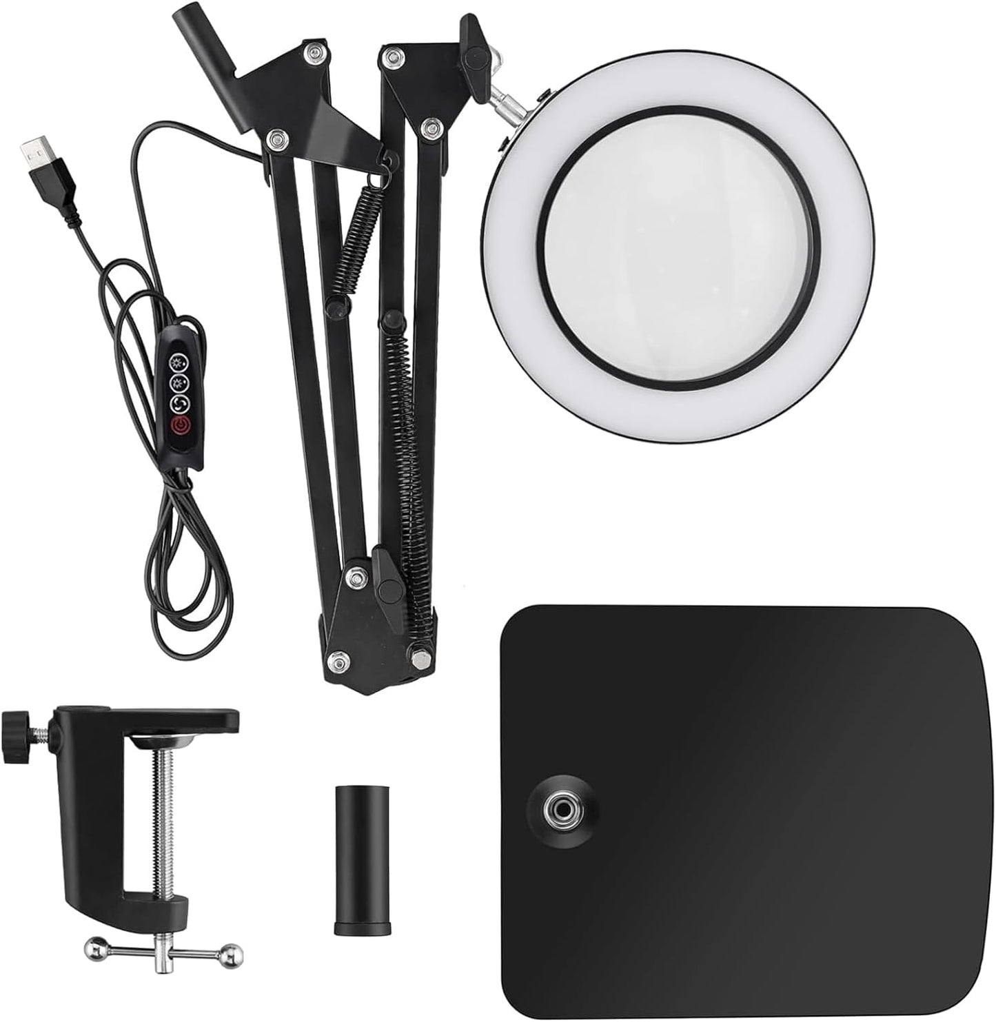 Viiwuu LED-Schreibtischlampe 15-fache Vergrößerungslupe mit Licht, Fuß und Klemme, 3 Farbmodi,