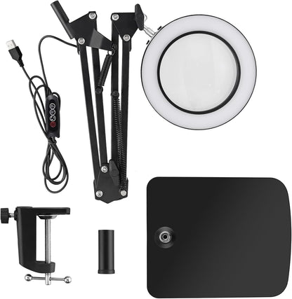 Viiwuu LED-Schreibtischlampe 15-fache Vergrößerungslupe mit Licht, Fuß und Klemme, 3 Farbmodi,