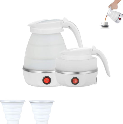 Faltbarer Wasserkocher, 0,6 L 600 W Mini laveuse de voyage Kocher petit, Mini Wasserkocher en silicone avec Edelstahlboden et 2 Faltbecher, pour Wandern Outdoor Reise camping wasserkocher(Blanc)