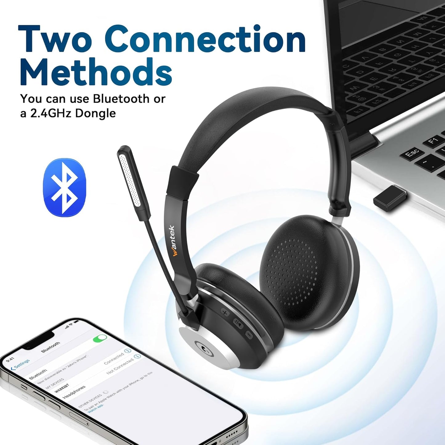 Wantek Wireless Headset mit Noise Cancelling Mikrofon und USB Dongle