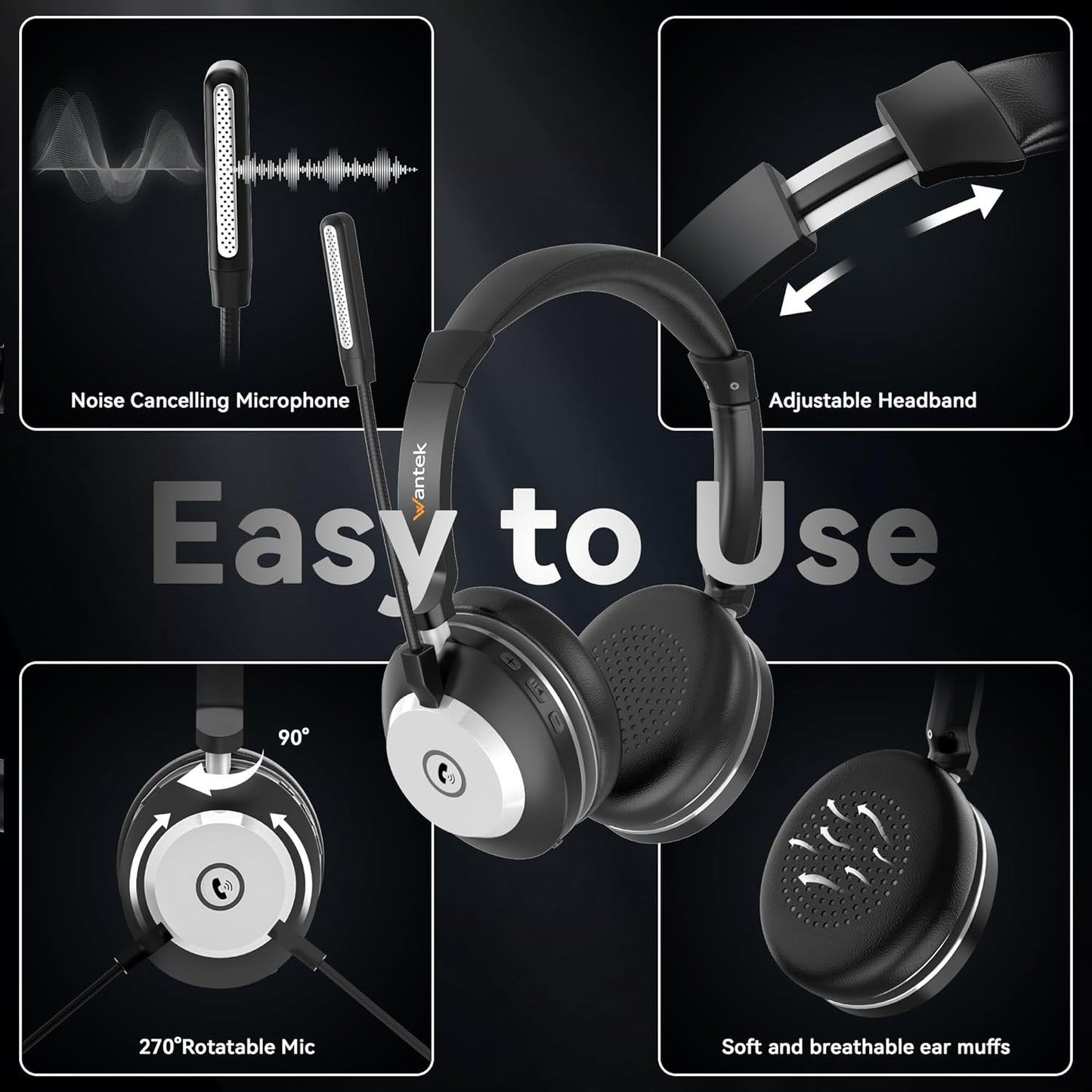 Wantek Wireless Headset mit Noise Cancelling Mikrofon und USB Dongle