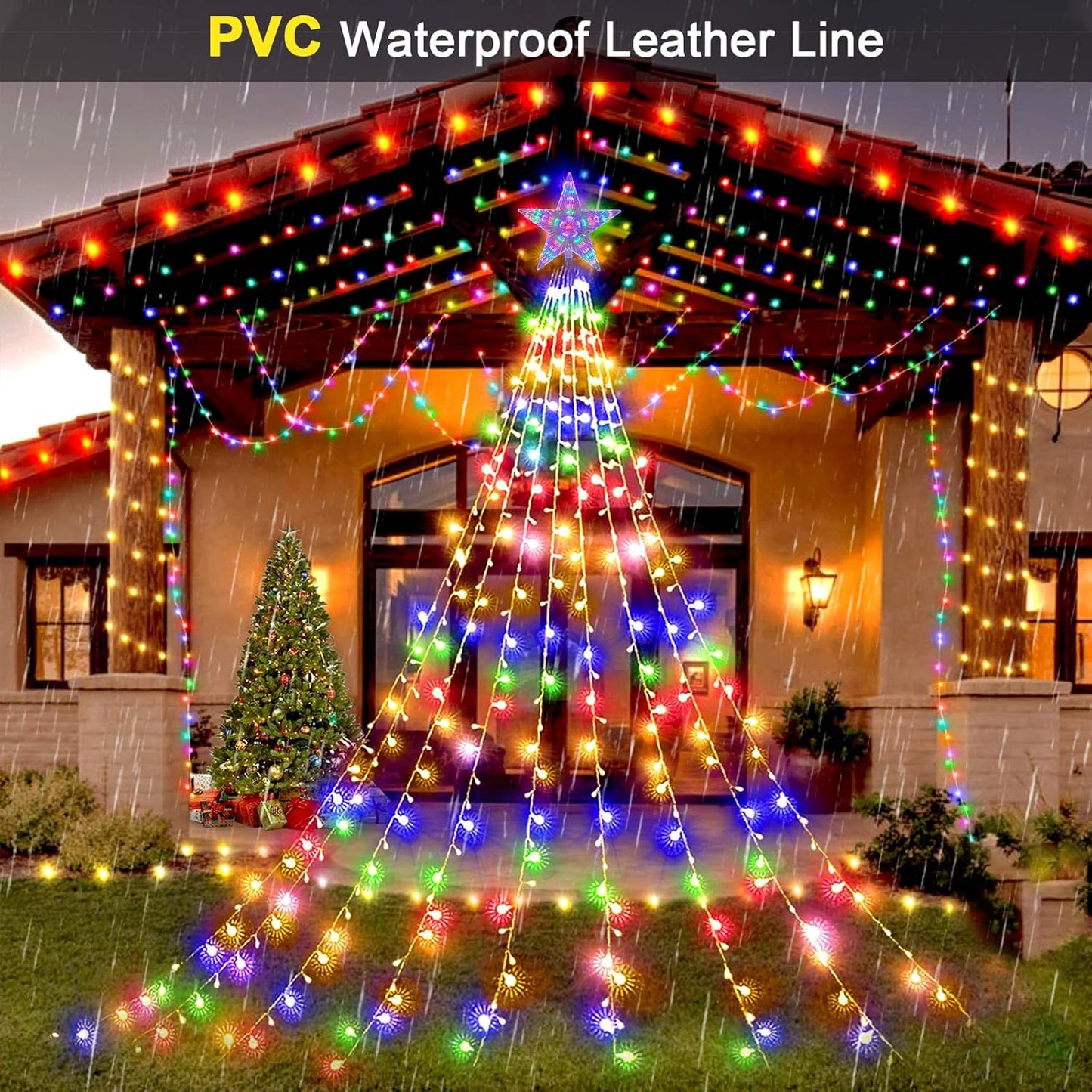 LED Lichterkette für Weihnachtsbaum, 9*2m USB LED Lichterkette mit Sternspitze 432 LEDs Weihnachtsschmuck Sternlicht, 8 Beleuchtungsmodi Lichterkette mit Fernbedienung für Weihnachtsbaum (Multicolor) [Energieklasse D]