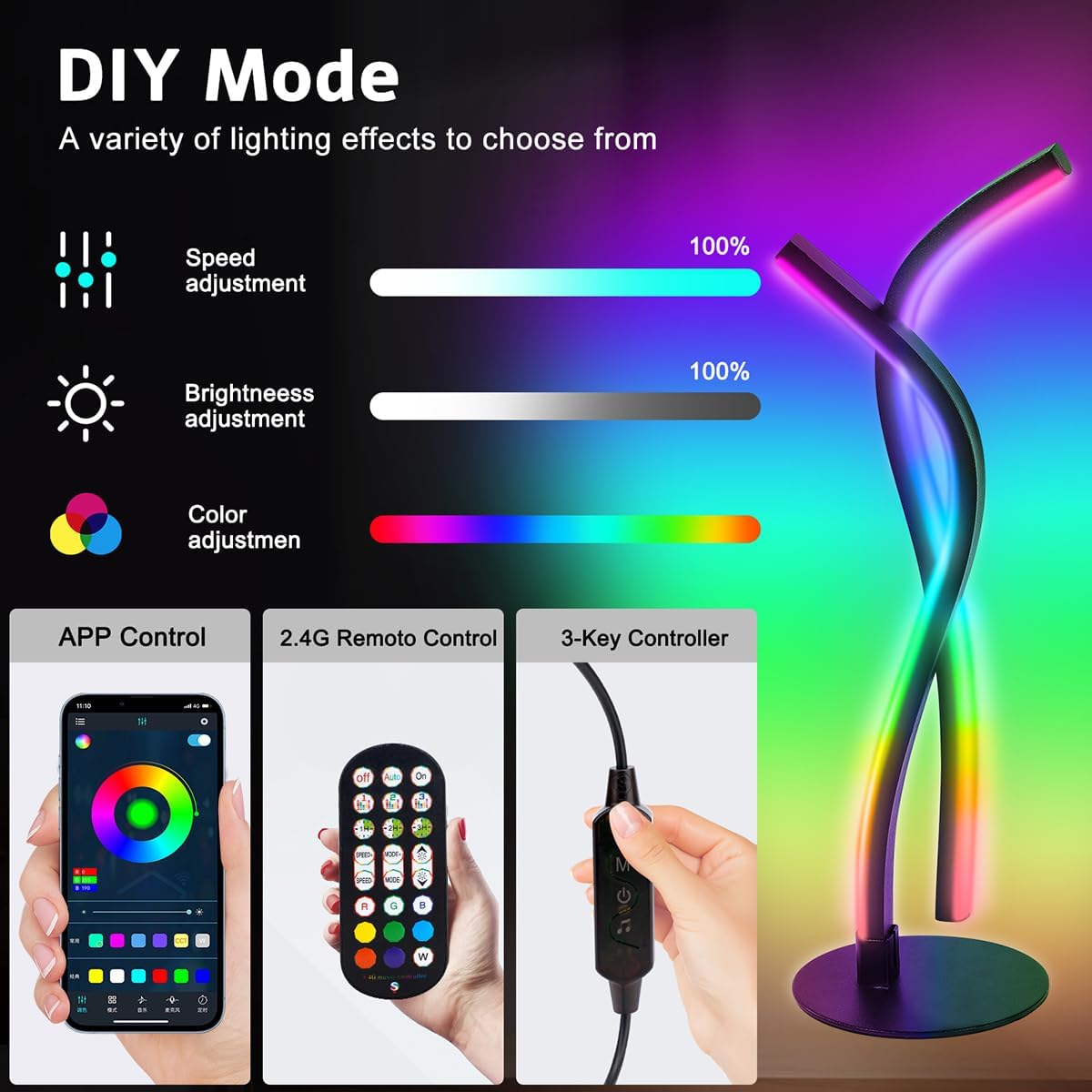 Wefomey LED Nachttischlampe Dimmbar, RGB Warmweiß APP Metall Dekolampe Spiral
