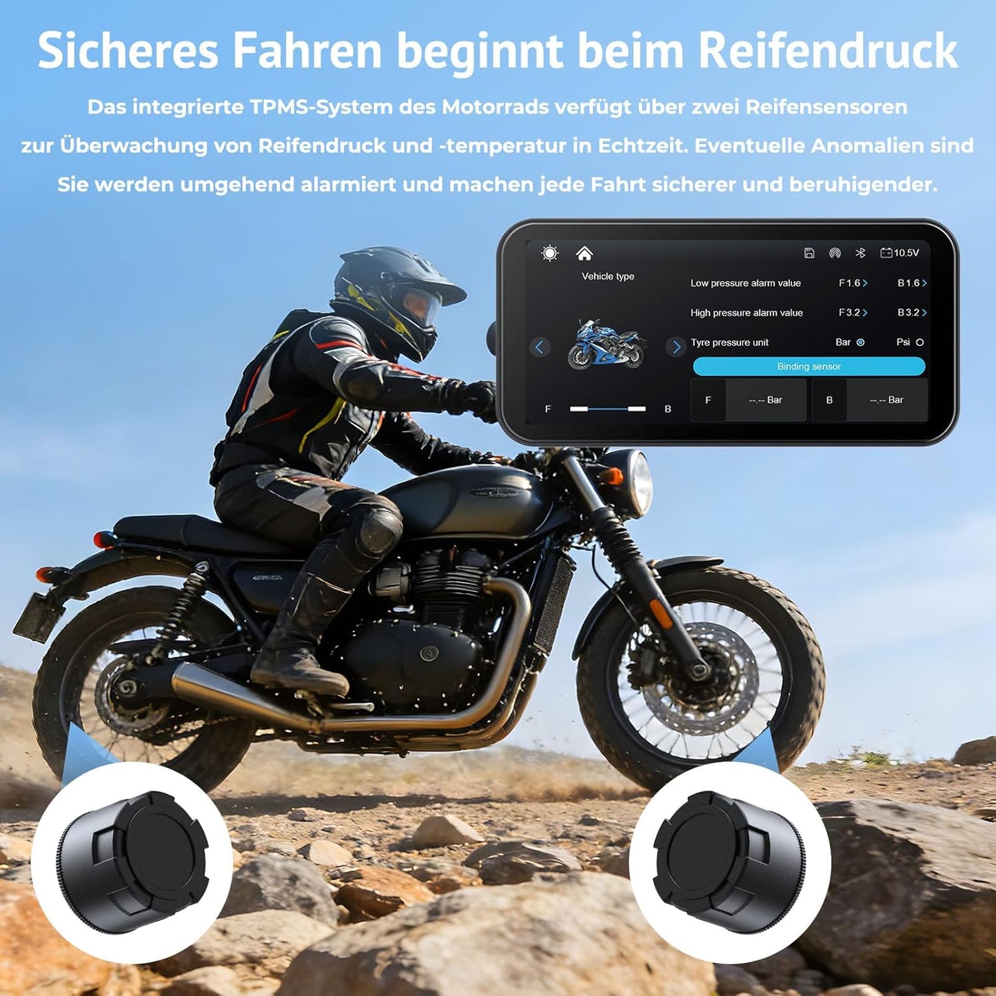 6,25" Motorrad CarPlay Display mit TPMS & Android Auto,OTA | IP67 wasserdicht