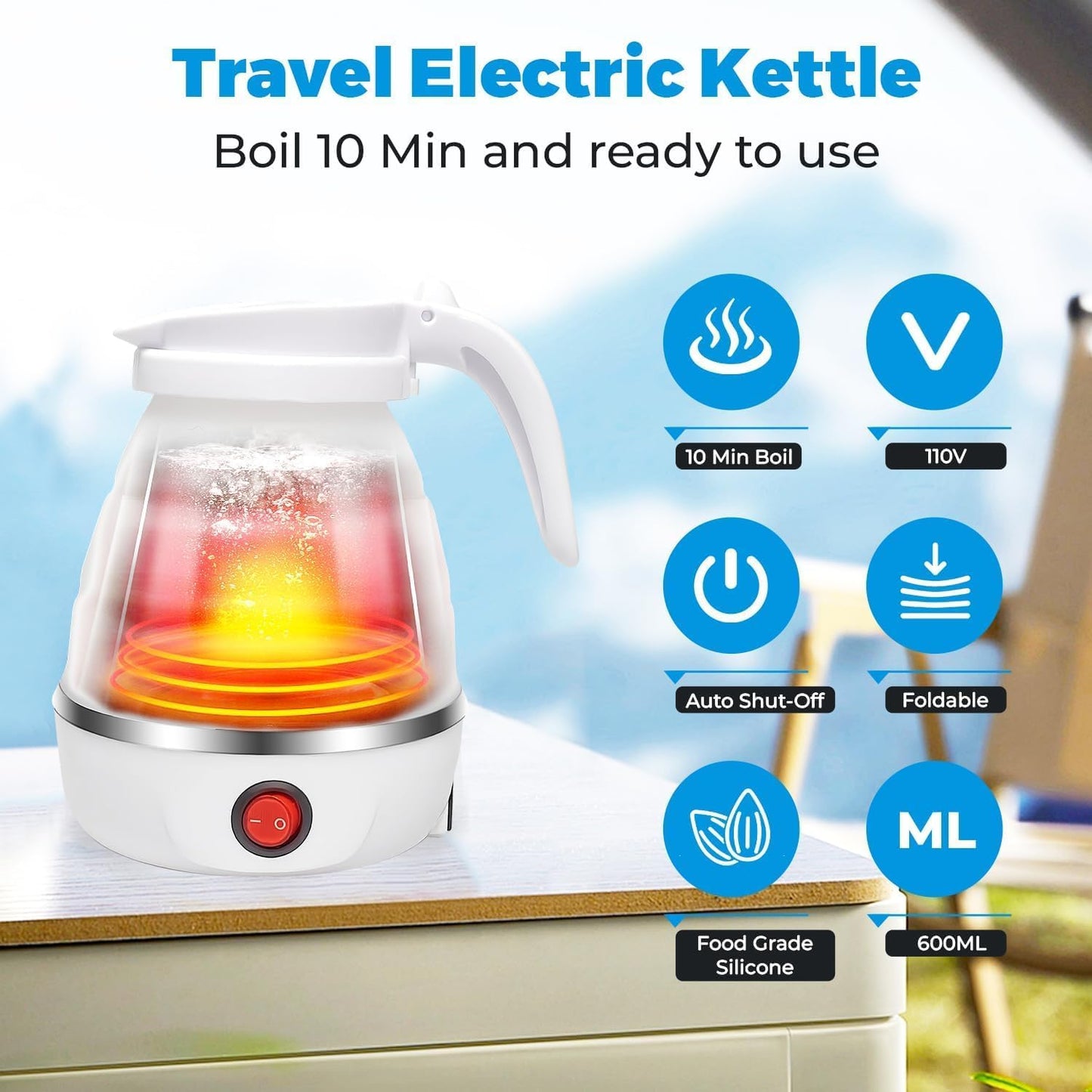 Faltbarer Wasserkocher, 0,6 L 600 W Mini laveuse de voyage Kocher petit, Mini Wasserkocher en silicone avec Edelstahlboden et 2 Faltbecher, pour Wandern Outdoor Reise camping wasserkocher(Blanc)