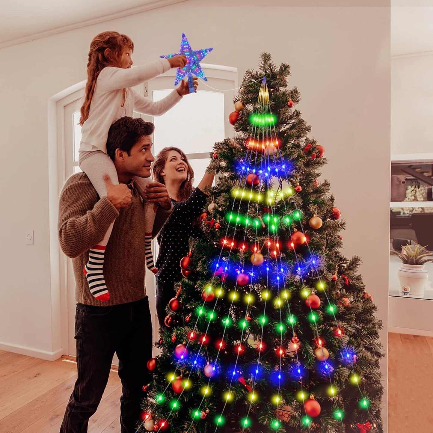 LED Lichterkette für Weihnachtsbaum, 9*2m USB LED Lichterkette mit Sternspitze 432 LEDs Weihnachtsschmuck Sternlicht, 8 Beleuchtungsmodi Lichterkette mit Fernbedienung für Weihnachtsbaum (Multicolor) [Energieklasse D]