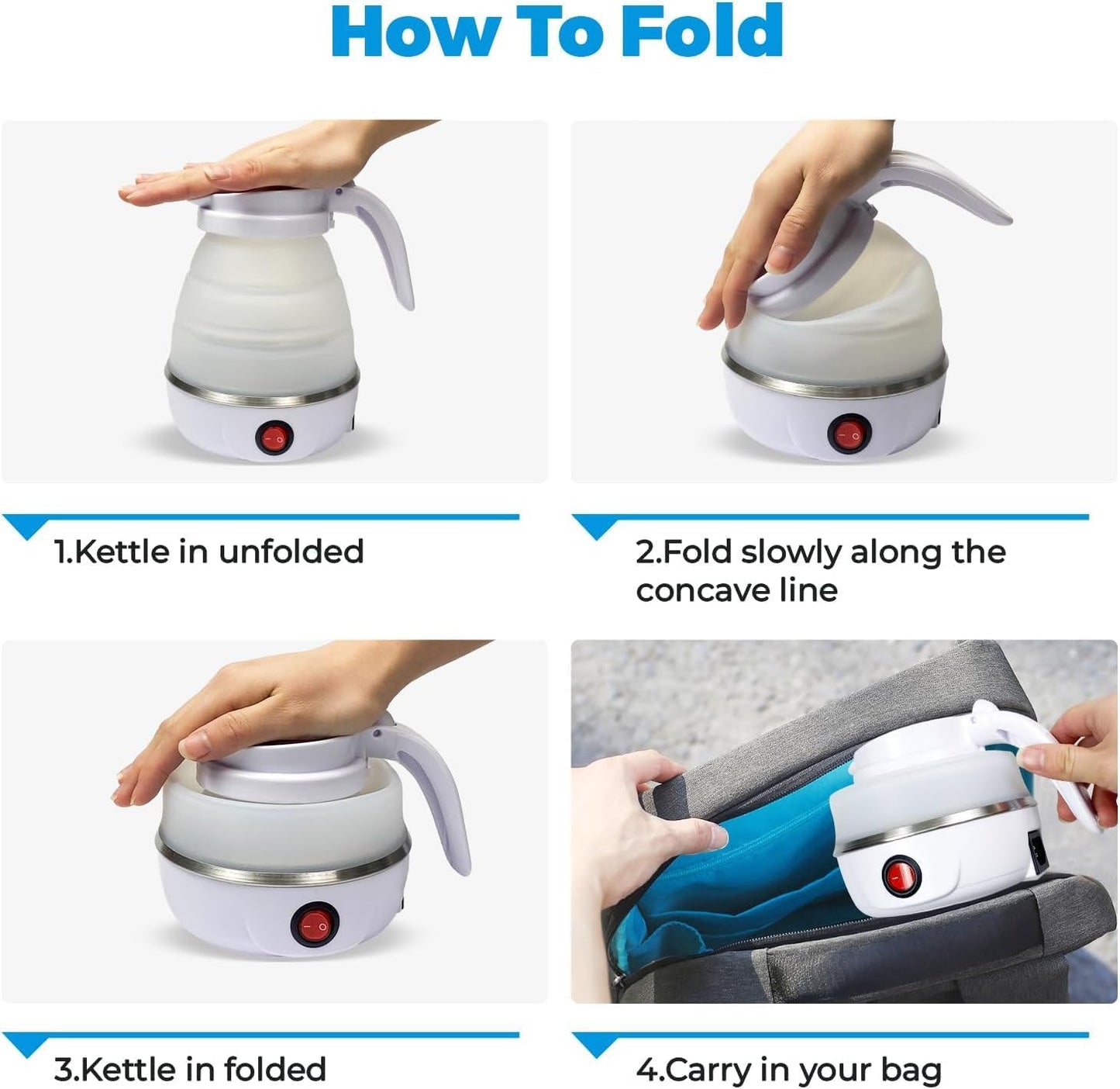 Faltbarer Wasserkocher, 0,6 L 600 W Mini laveuse de voyage Kocher petit, Mini Wasserkocher en silicone avec Edelstahlboden et 2 Faltbecher, pour Wandern Outdoor Reise camping wasserkocher(Blanc)
