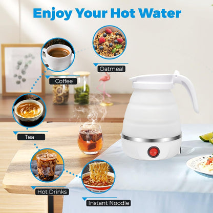 Faltbarer Wasserkocher, 0,6 L 600 W Mini laveuse de voyage Kocher petit, Mini Wasserkocher en silicone avec Edelstahlboden et 2 Faltbecher, pour Wandern Outdoor Reise camping wasserkocher(Blanc)