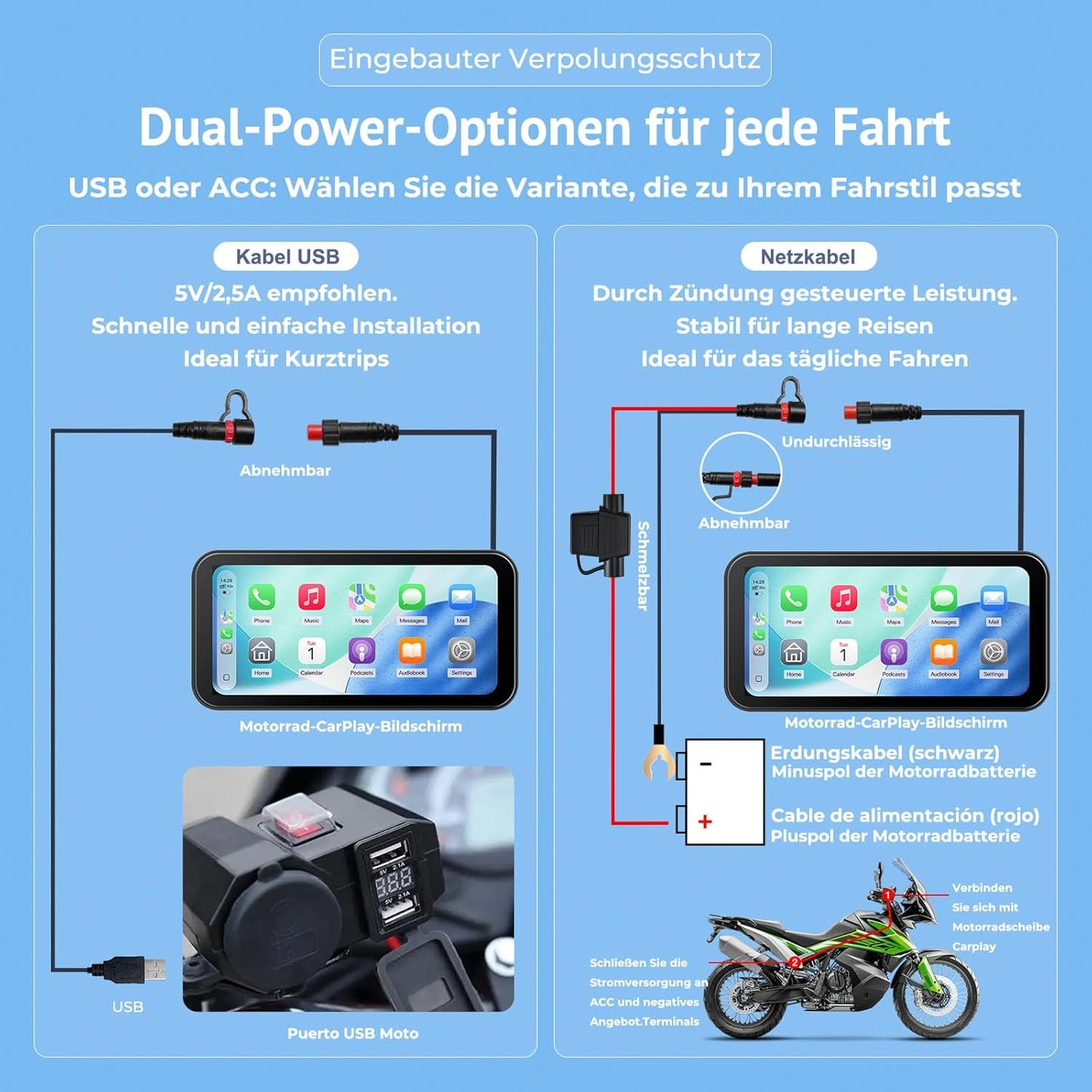6,25" Motorrad CarPlay Display mit TPMS & Android Auto,OTA | IP67 wasserdicht