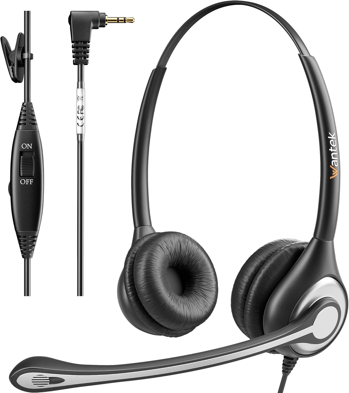 Wantek 2,5mm Klinke Headset Telefon mit Mikrofon Noise Cancelling & Lautstärkeregler Schwarz