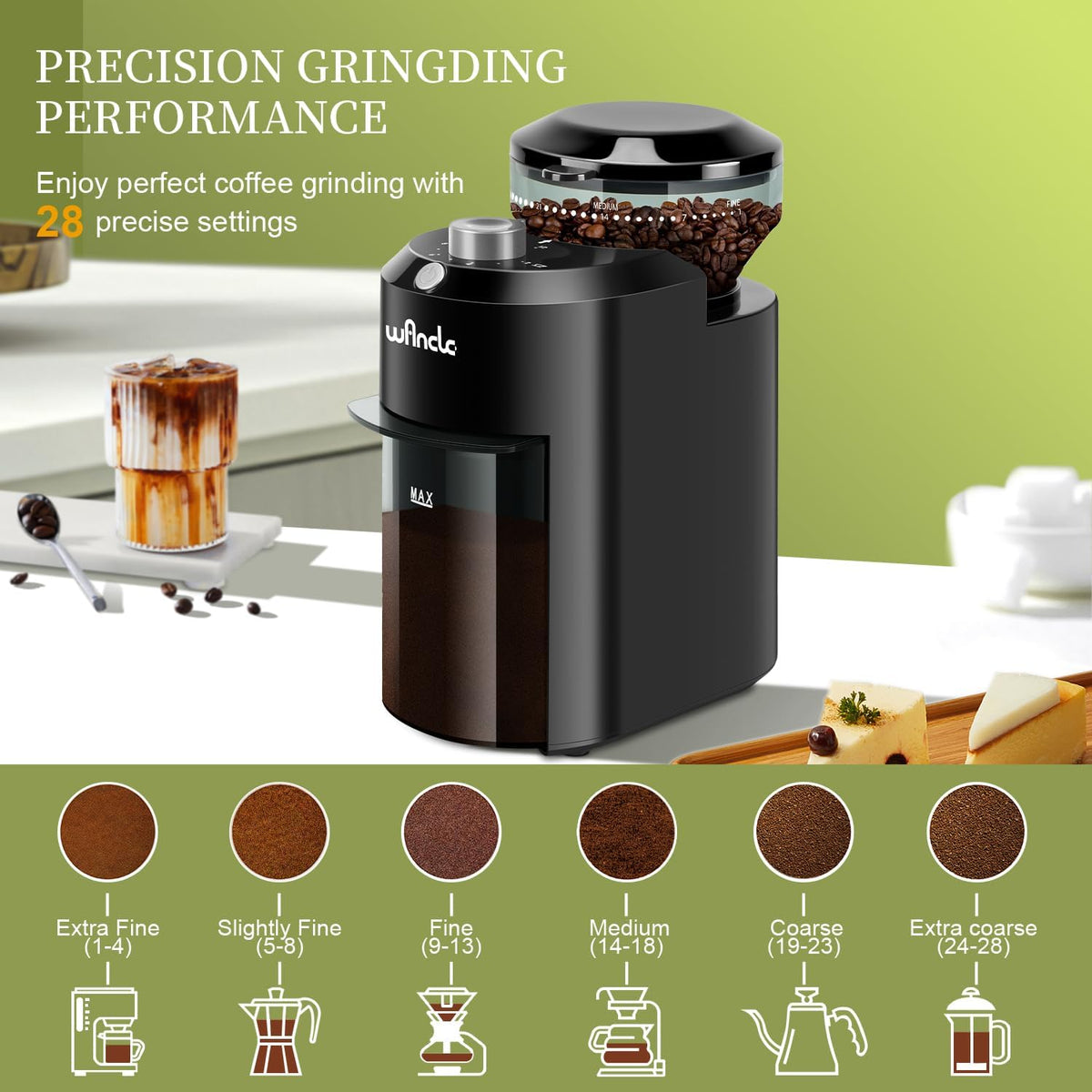 Wancle Elektrische Kaffeemühle für Kaffeebohnen mit 28 Präzisen Mahlstufen