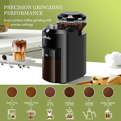 Wancle Elektrische Kaffeemühle für Kaffeebohnen mit 28 Präzisen Mahlstufen