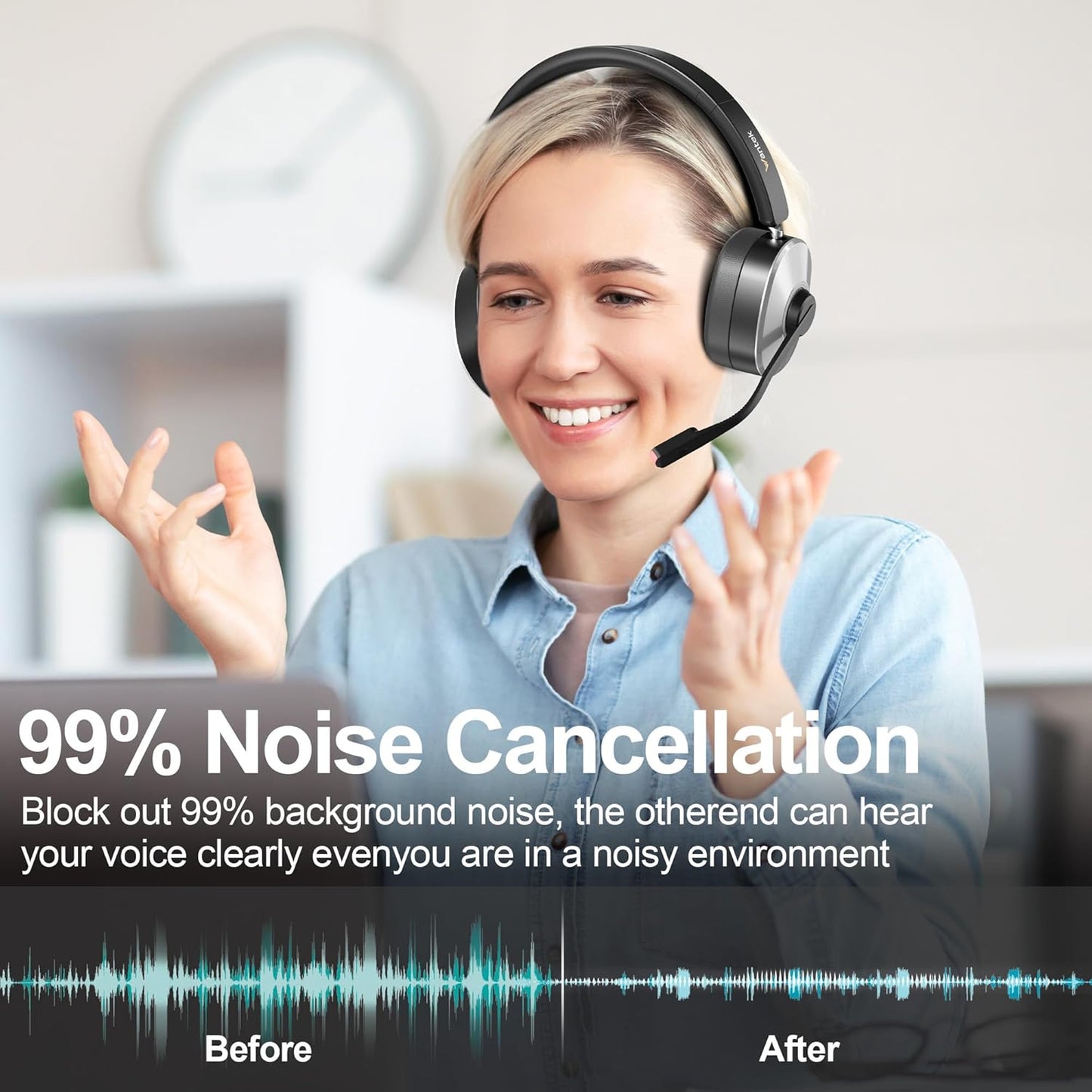 Wantek Kabelloses Headset, Bluetooth-Headset mit Mikrofon mit Geräuschunterdrückung