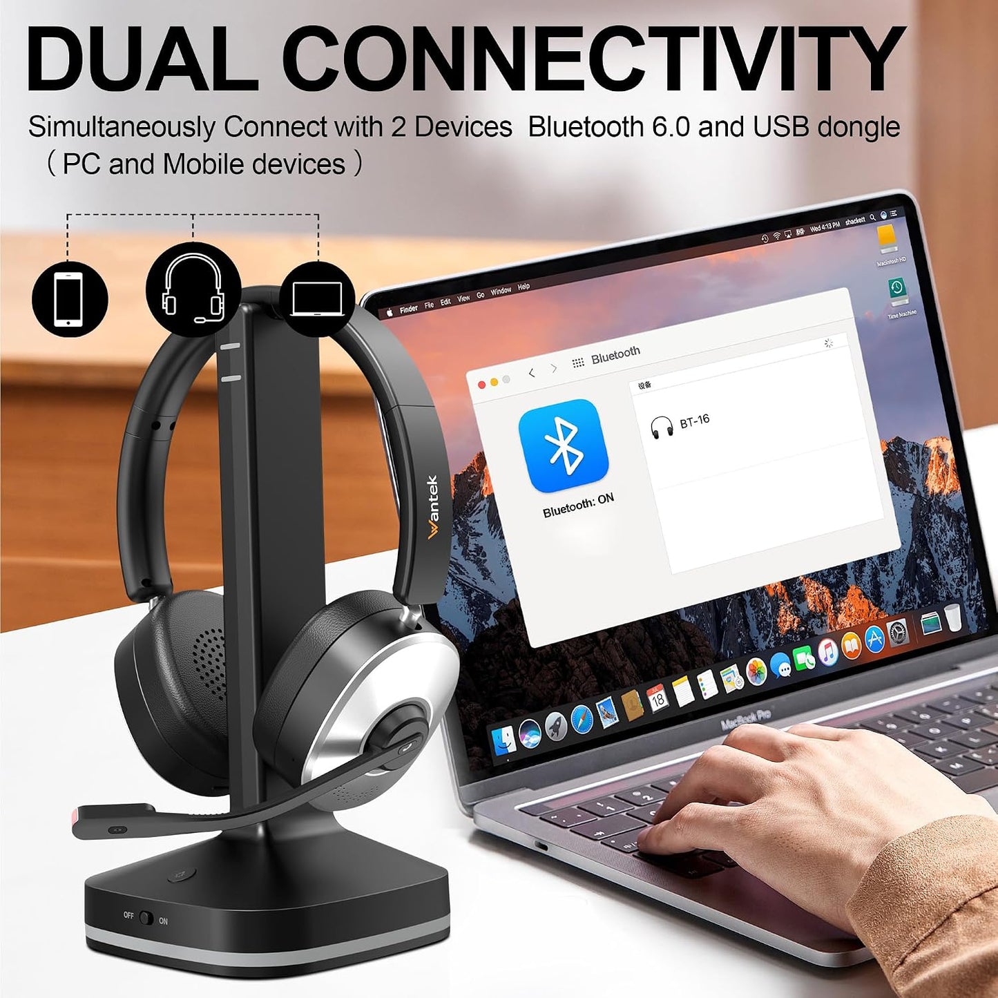 Wantek Kabelloses Headset, Bluetooth-Headset mit Mikrofon mit Geräuschunterdrückung