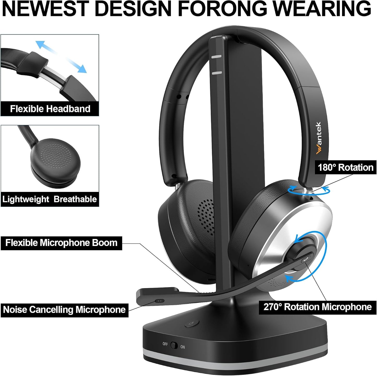 Wantek Kabelloses Headset, Bluetooth-Headset mit Mikrofon mit Geräuschunterdrückung