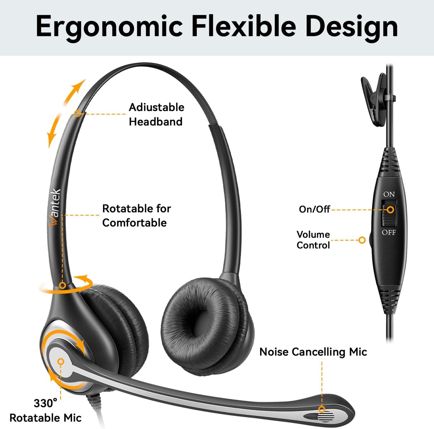 Wantek 2,5mm Klinke Headset Telefon mit Mikrofon Noise Cancelling & Lautstärkeregler Schwarz