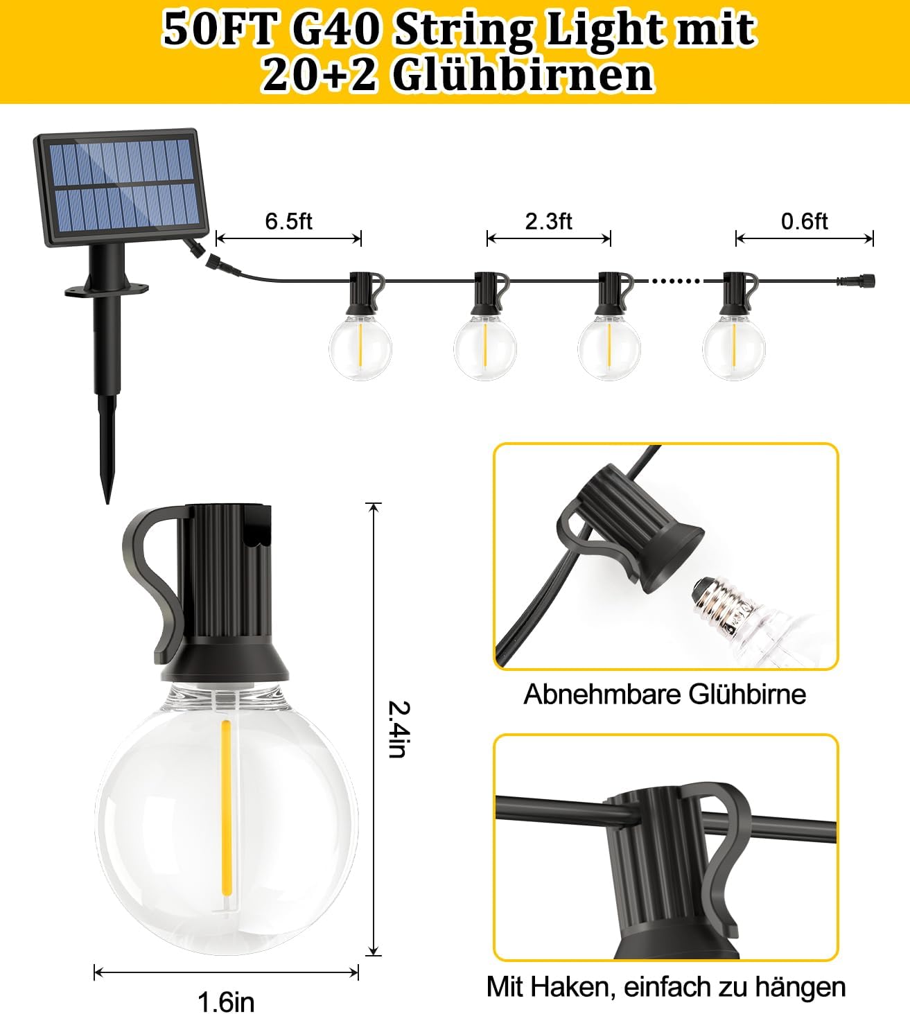 Warlisou Solar Garten Lichterkette: G40 50ft Led Blub - 15M Solar Garten Lampen Fernbedienung