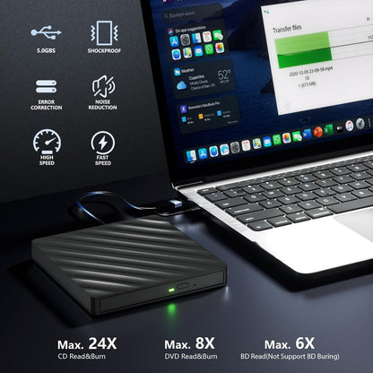 Wbacon 5-in-1 externes Blu-ray-Laufwerk, USB 3.0 Typ-C, schlanker,mit SD/TF-Kartenleser,