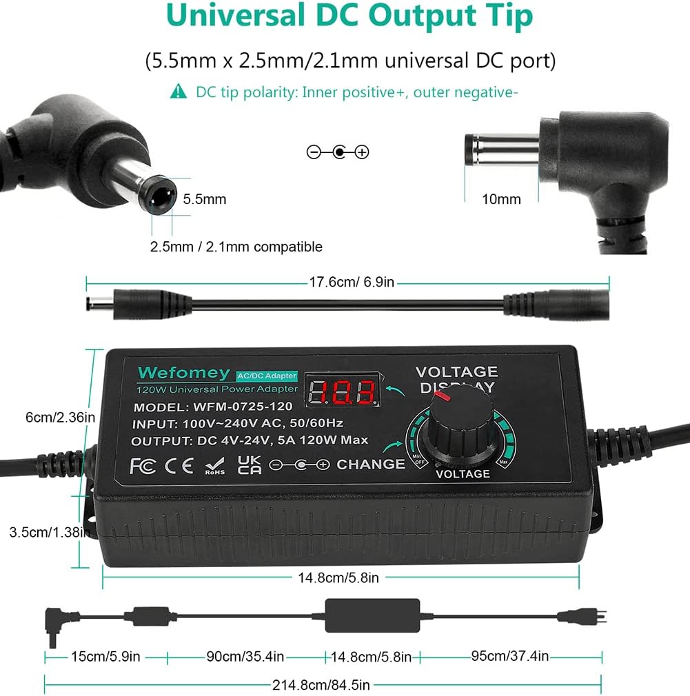 Wefomey 120 W Universal-Netzteil, verstellbar, DC 4 V ~ 24 V, variabler Schaltung, AC/DC-Adapter
