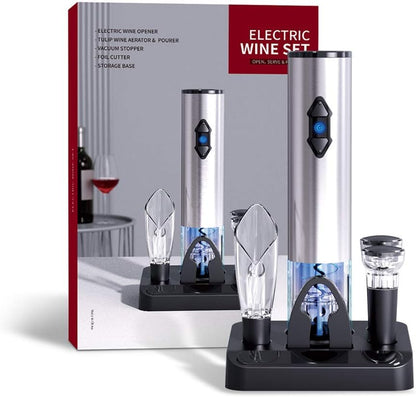 Elektrisches Weinflaschenöffner-Kit, Elektrischer Korkenzieher,Geschenkset mit Blattschneider, Weinverschluss und Ausgießer, 5-in-1,silber