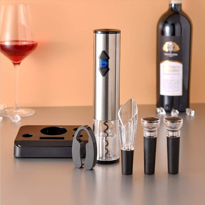 Elektrisches Weinflaschenöffner-Kit, Elektrischer Korkenzieher,Geschenkset mit Blattschneider, Weinverschluss und Ausgießer, 5-in-1,silber