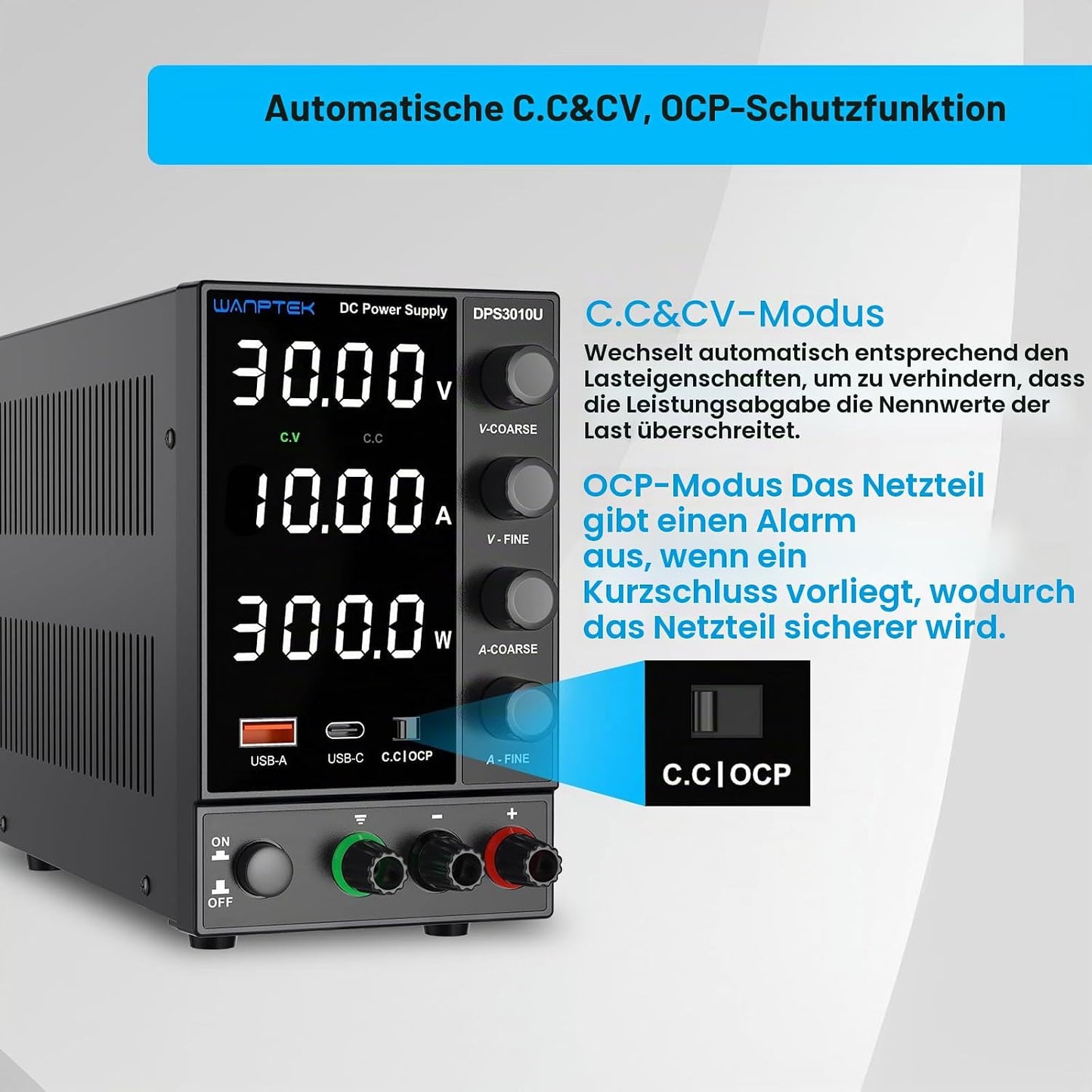 WANPTEK Labornetzteil Regelbar 120V 3A mit OCP-Schutz/USB-A/Type-C Schnellladeanschluss,