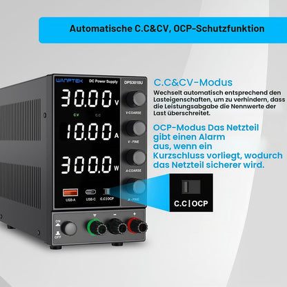 WANPTEK Labornetzteil Regelbar 120V 3A mit OCP-Schutz/USB-A/Type-C Schnellladeanschluss,