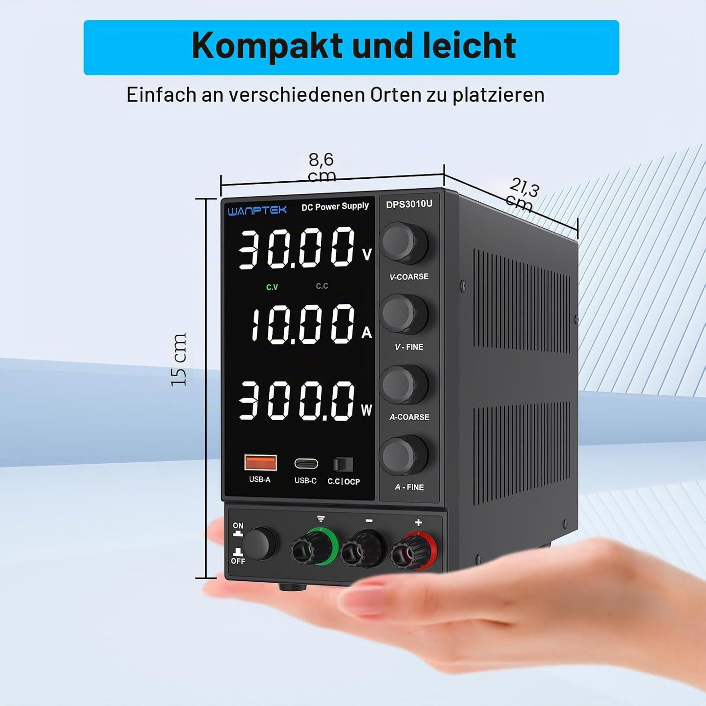 WANPTEK Labornetzteil Regelbar 120V 3A mit OCP-Schutz/USB-A/Type-C Schnellladeanschluss,