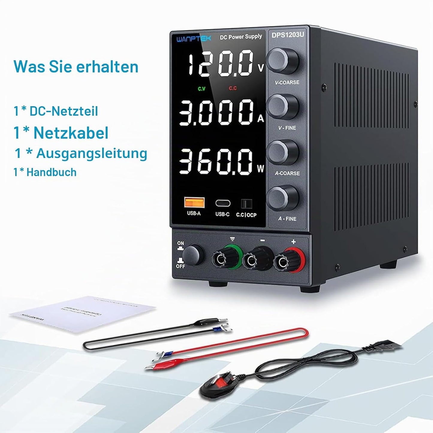 WANPTEK Labornetzteil Regelbar 120V 3A mit OCP-Schutz/USB-A/Type-C Schnellladeanschluss,