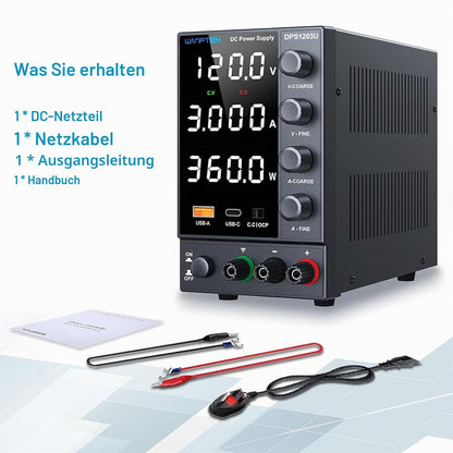 WANPTEK Labornetzteil Regelbar 120V 3A mit OCP-Schutz/USB-A/Type-C Schnellladeanschluss,