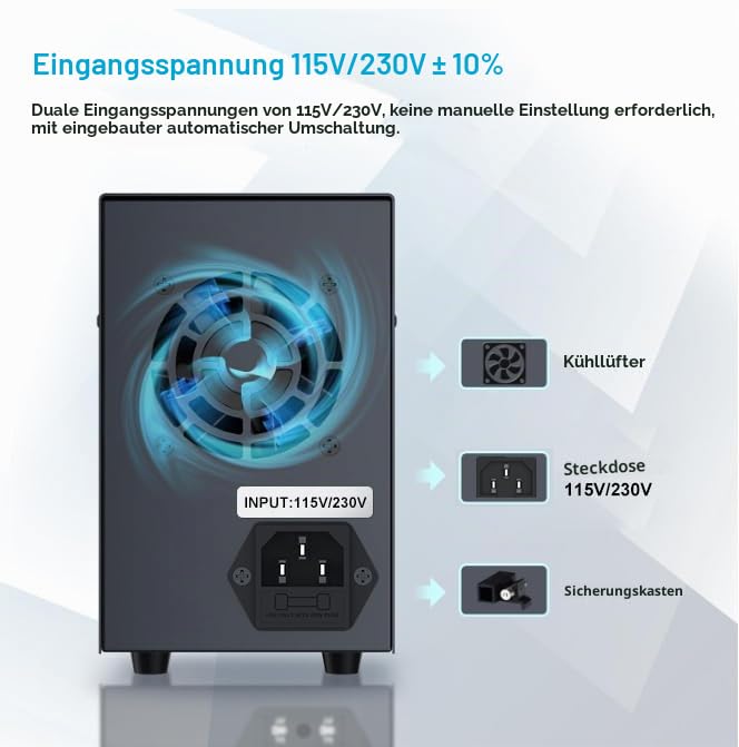 WANPTEK Labornetzteil Regelbar 120V 3A mit OCP-Schutz/USB-A/Type-C Schnellladeanschluss,