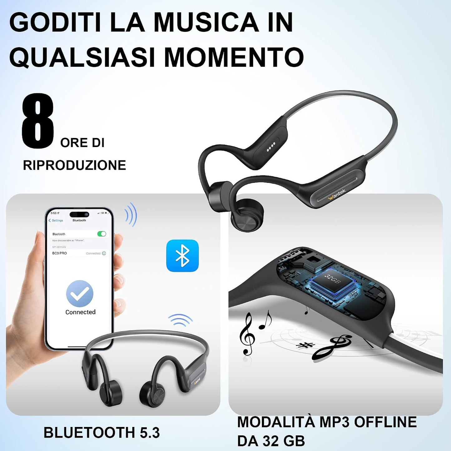 Wantek Open Ear Knochenschall Kopfhörer Bluetooth 5.3,IP68,Sportkopfhörer