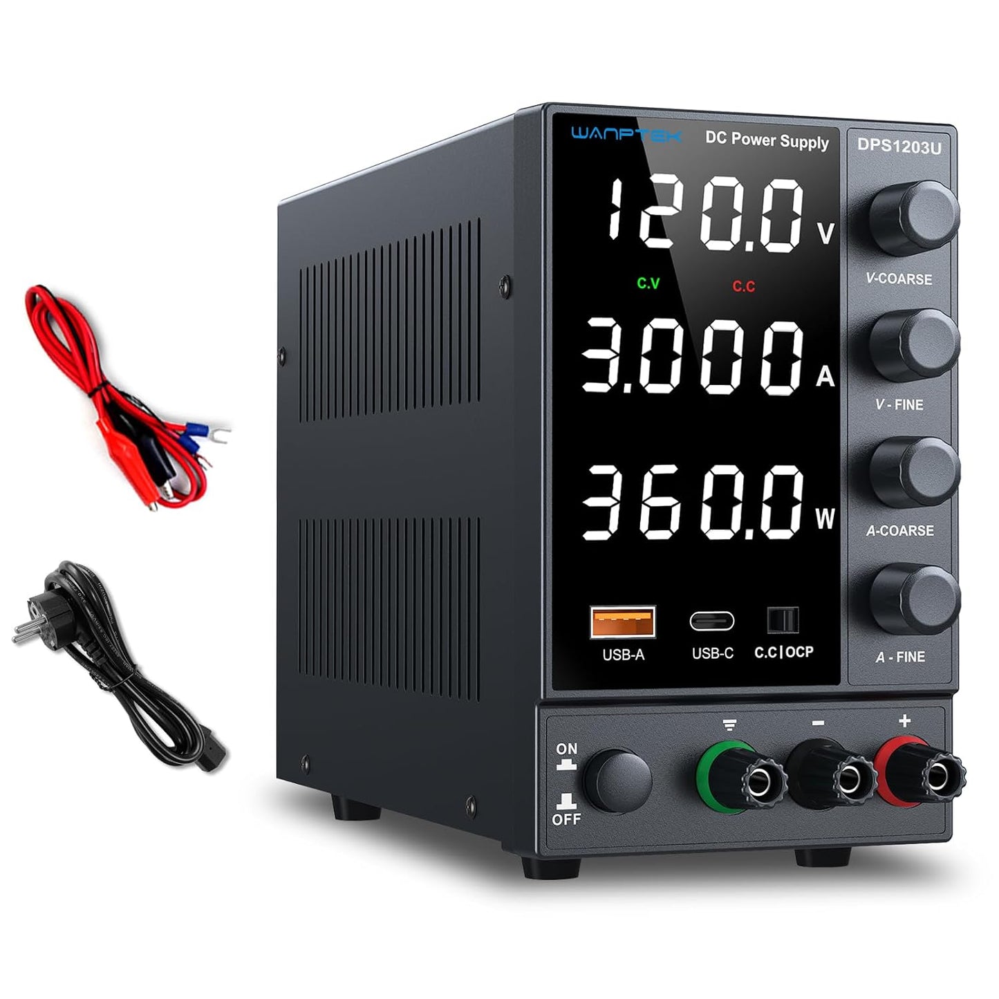 WANPTEK Labornetzteil Regelbar 120V 3A mit OCP-Schutz/USB-A/Type-C Schnellladeanschluss,