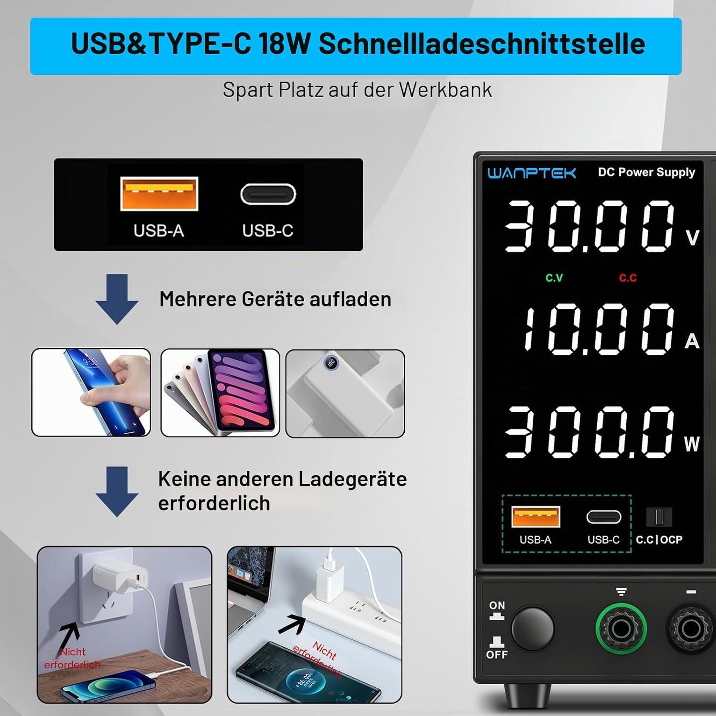 WANPTEK Labornetzteil Regelbar 120V 3A mit OCP-Schutz/USB-A/Type-C Schnellladeanschluss,