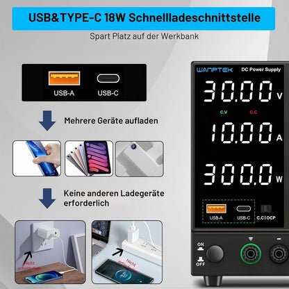 WANPTEK Labornetzteil Regelbar 120V 3A mit OCP-Schutz/USB-A/Type-C Schnellladeanschluss,