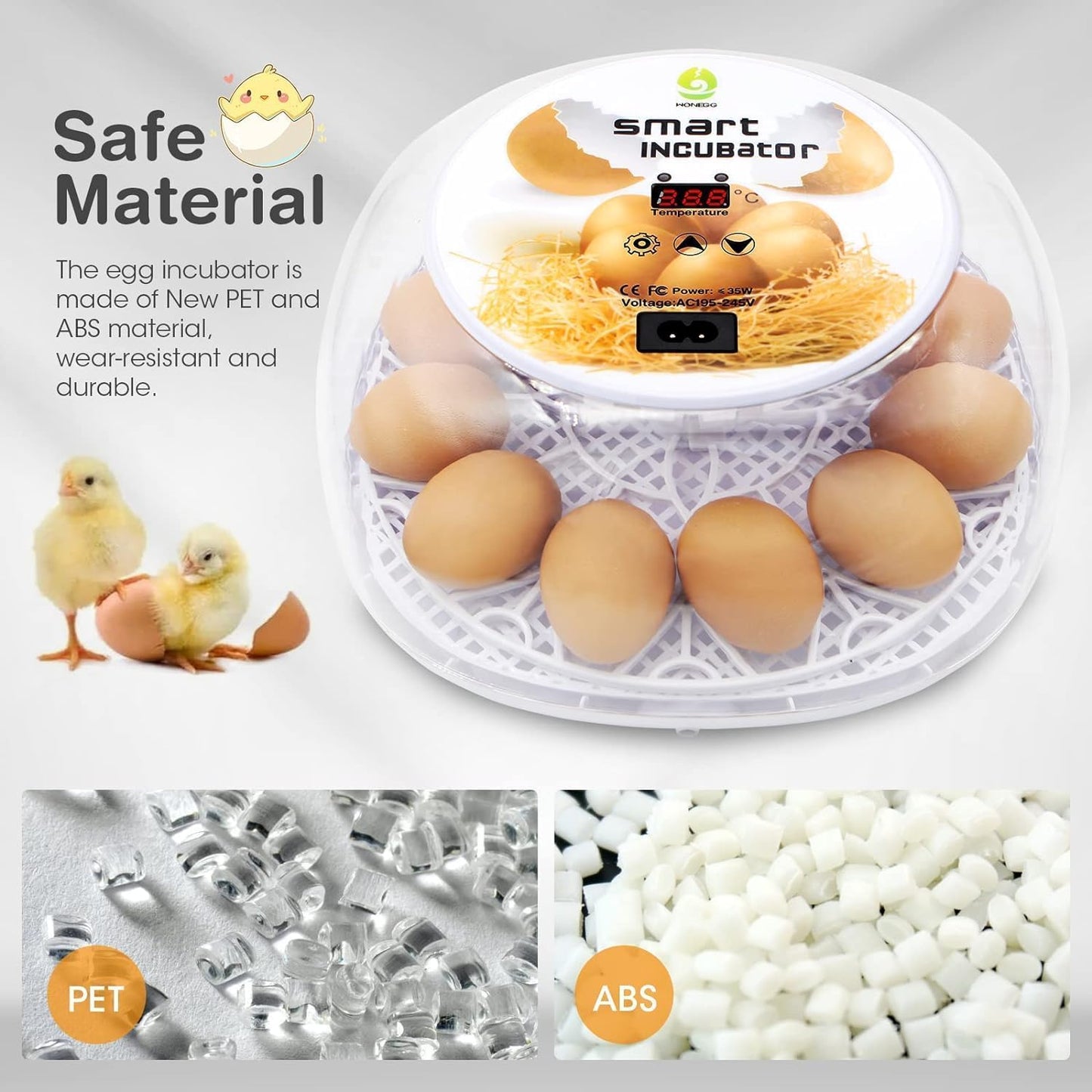 Wonegg Digitaler Inkubator für 12 Eier, Automatische Temperatur- und Luftfeuchtigkeitskontrolle