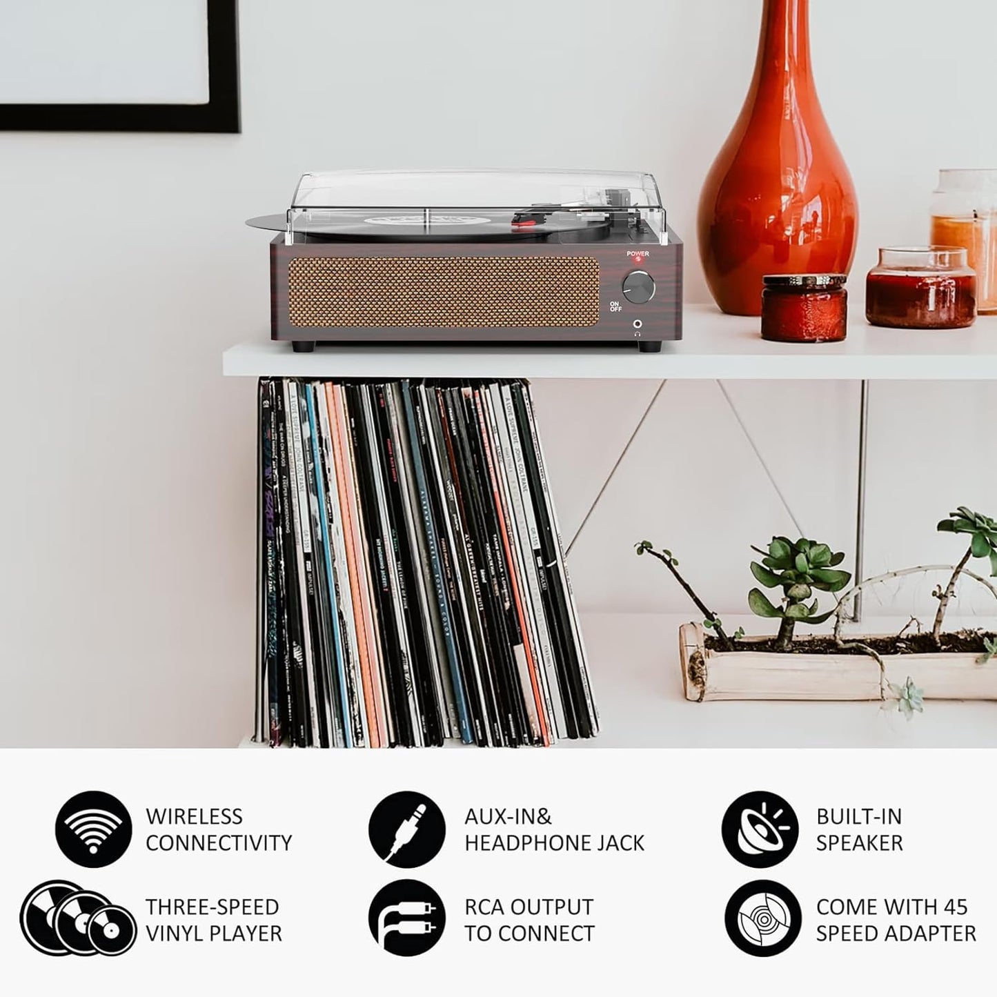 WOCKODER Plattenspieler, kabellos, tragbar, LP-Phonograph mit eingebauten Stereo-Lautsprechern, 3-Gang-Gang-Riemenantrieb, Plattenspieler aus Vinyl mit Lautsprechern